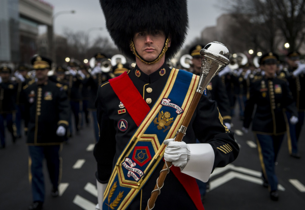 The drum major for the U.S. Army Field Band leads his formation during the 58th Presidential Inauguration Parade in Washington, D.C., on Jan. 20. The parade route stretched approximately 1.5 miles along Pennsylvania Avenue from the U.S. Capitol to the White House. (U.S. Army Reserve photo by Master Sgt. Michel Sauret)