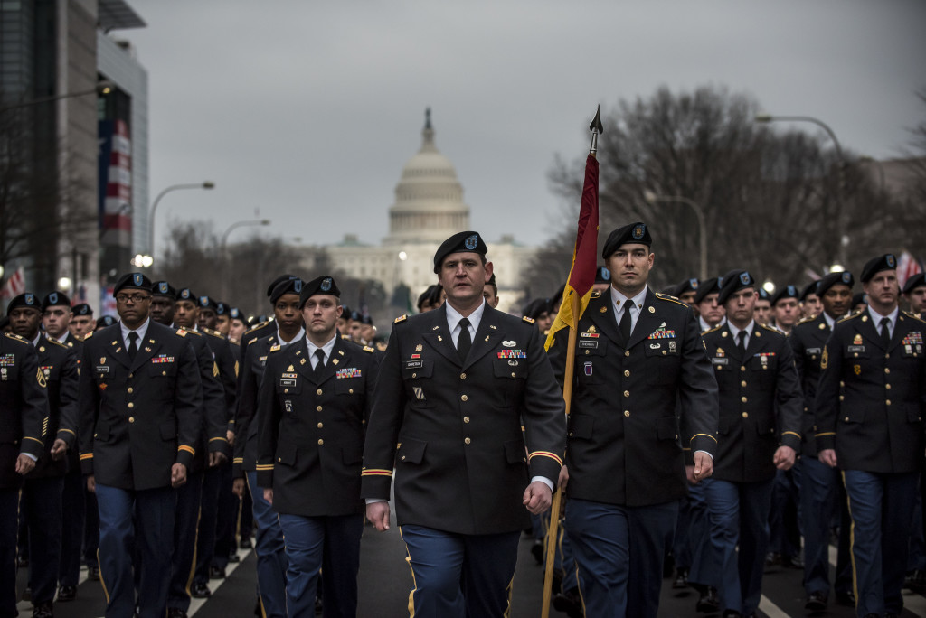 U.S. Army Reserve Soldiers from the 3rd Transportation Brigade (Expeditionary) march during the 58th Presidential Inauguration Parade in Washington, D.C., on Jan. 20. The parade route stretched approximately 1.5 miles along Pennsylvania Avenue from the U.S. Capitol to the White House. (U.S. Army Reserve photo by Master Sgt. Michel Sauret)