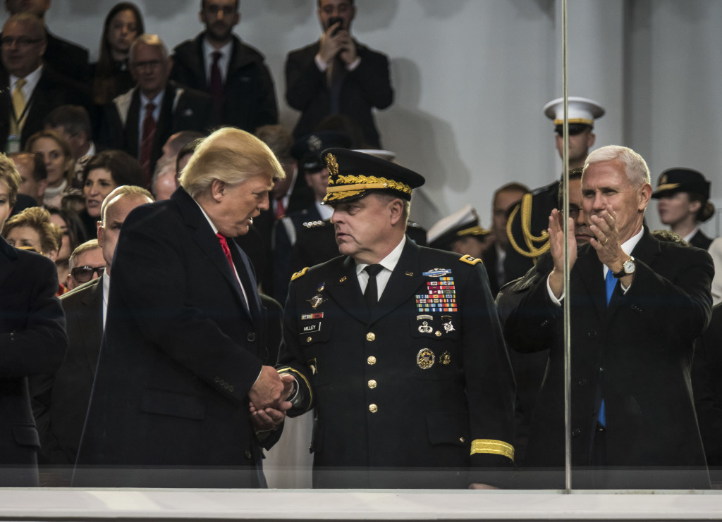 U.S. President Donald Trump shakes hands with Gen. Mark Milley, chief of staff of the Army during the 58th Presidential Inauguration Parade in Washington, D.C., on Jan. 20. The parade route stretched approximately 1.5 miles along Pennsylvania Avenue from the U.S. Capitol to the White House. (U.S. Army Reserve photo by Master Sgt. Michel Sauret)