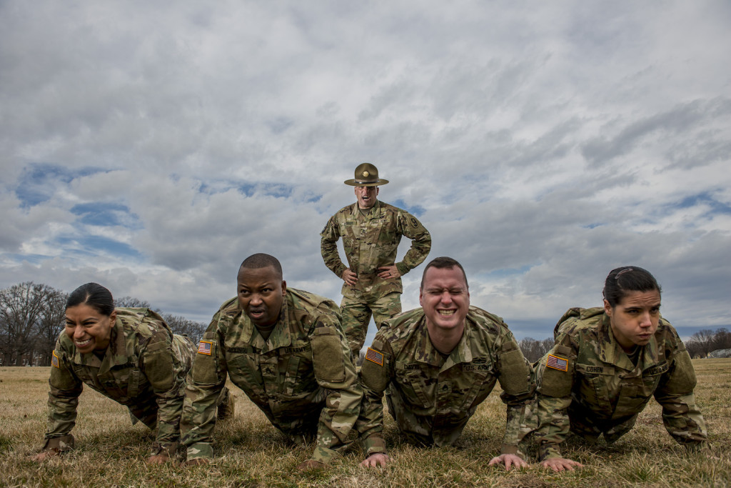 Sgt. 1st Class Joshua Moeller, U.S. Army Reserve drill instructor and the 2016 U.S. Army Noncommissioned Officer of the Year, participates in a marketing photo shoot organized by the Office of the Chief of Army Reserve at Fort Belvoir, Virginia, Feb. 14, to promote the U.S. Army Reserve. (U.S. Army Reserve photo by Master Sgt. Michel Sauret)
